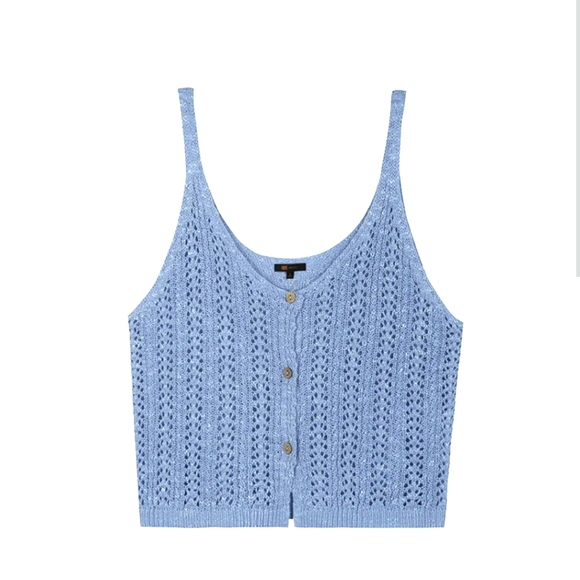 Frye baby blue knitted button up pointell top - Picture 2 of 10